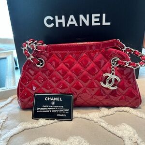 CHANEL Red Quilted Patent Leather Small Just Mademoiselle Bowler Bag EUC